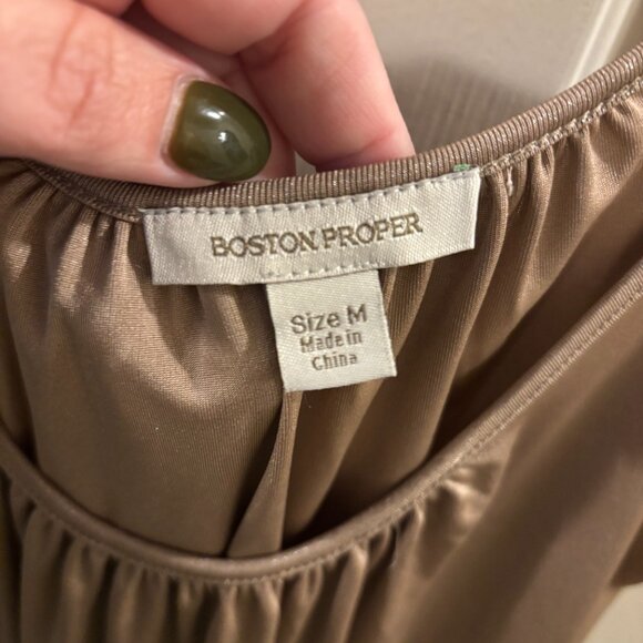 Boston Proper Women's Gold Shimmer Spaghetti Strap Camisole Top w/ Pleated Neck - Picture 3 of 4